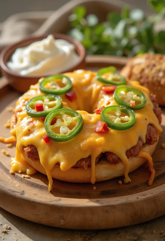 Bagel gratinado con queso y chile servido en plato