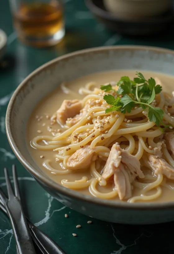 Dak Kalguksu, sopa de fideos con pollo coreana con huevo fresco y espinacas