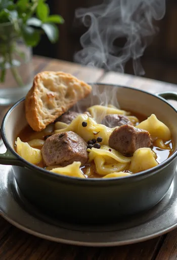 Fårikål con carne de cordero y col, servido con pan plano