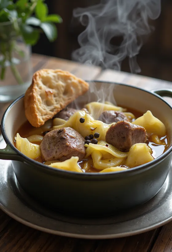 Fårikål con carne de cordero y col, servido con pan plano