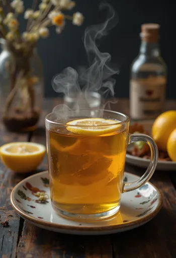 Té con Pálinka servido con rodaja de limón y canela