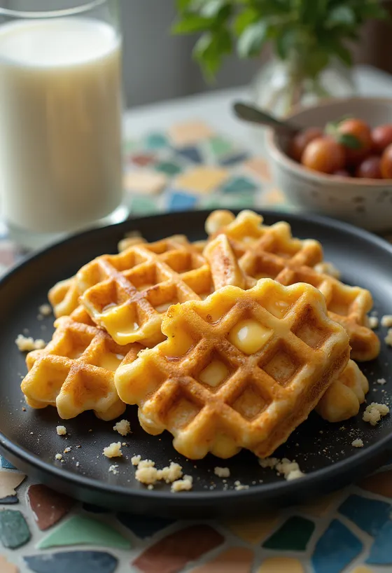 Waffles de queso recién horneados con exterior dorado y crujiente