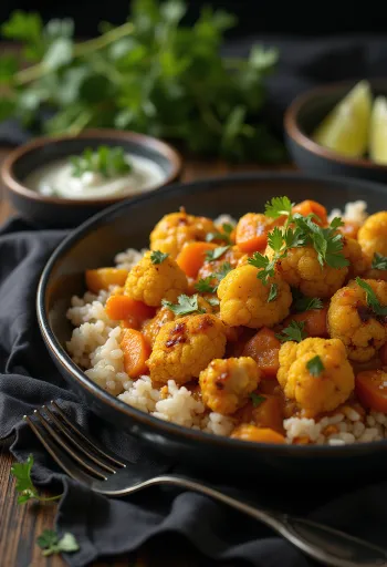 Curry de coliflor al horno vegano servido