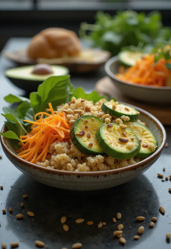 Buddha Bowl de aguacate y calabacita servido