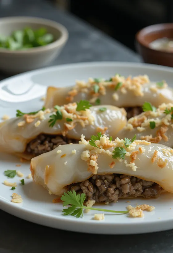 Bánh cuốn con carne de cerdo servido con cilantro y salsa de pescado