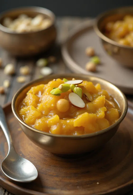 Chana Dal Halwa con ricos sabores especiados, nueces tostadas y agua de rosas.