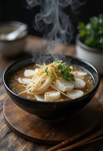 Sopa de Miso con Daikon servida con tofu y cebollín