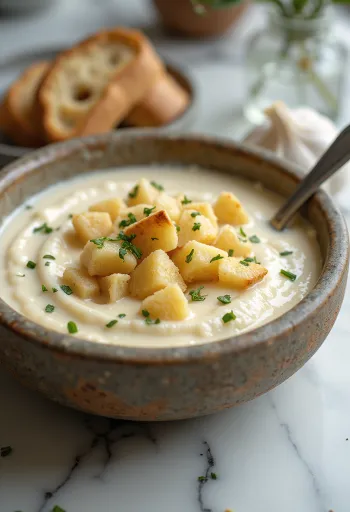 Cremosa sopa de ajo con cubitos de pan tostado y perejil fresco.