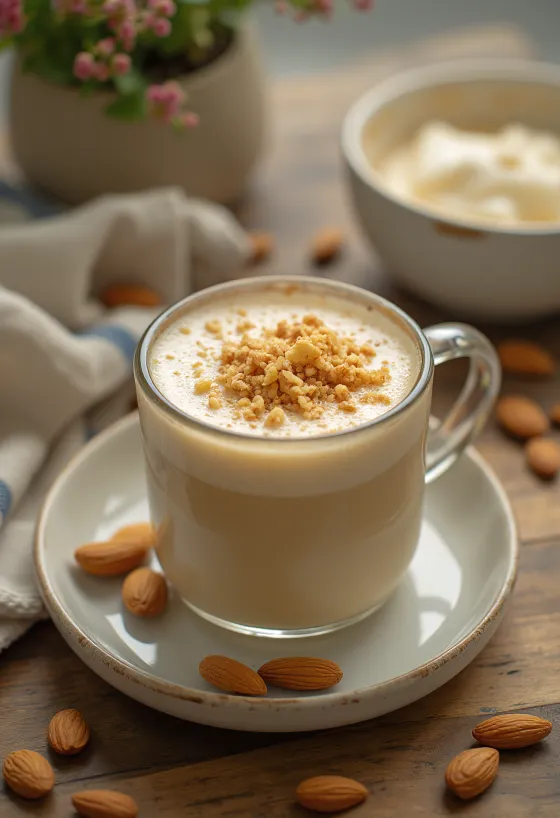Leche de almendra al caramelo servida en taza