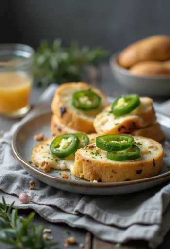 Leipäjuusto al jalapeño, tostado con cilantro fresco y aceite de oliva, servido.