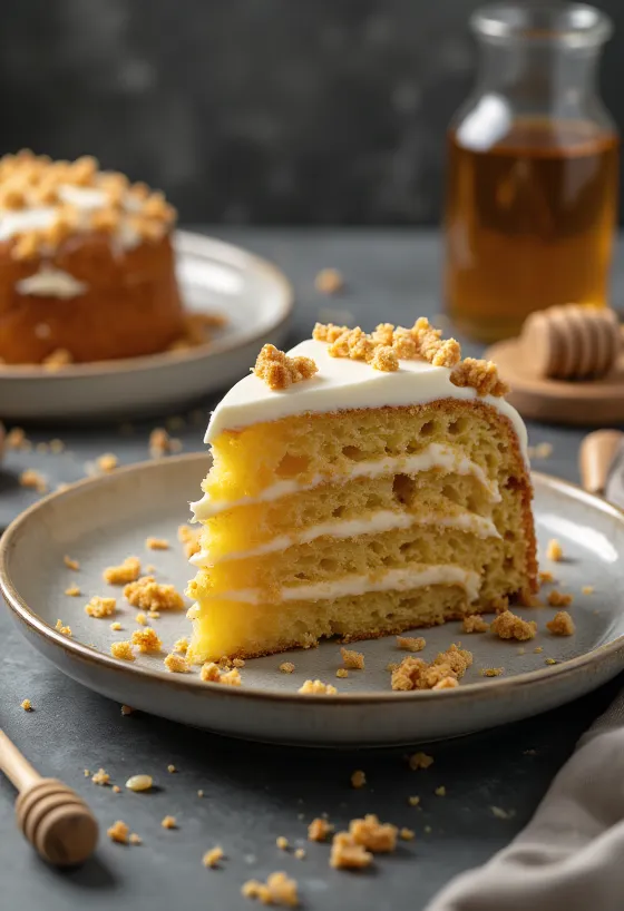 Pastel ruso de miel con capas de crema y decorado con migajas