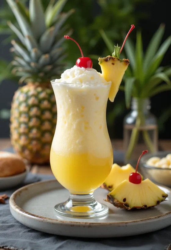 Piña Colada decorada con piña fresca y cereza de cóctel
