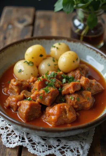 Estofado de borrego servido con pan fresco y encurtidos