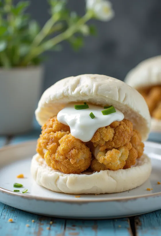 Bao bun de coliflor empanizada con yogurt servido