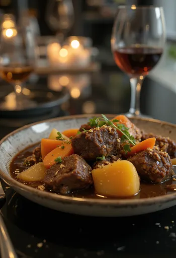 Estofado de antílope con verduras servido en un tazón rústico.