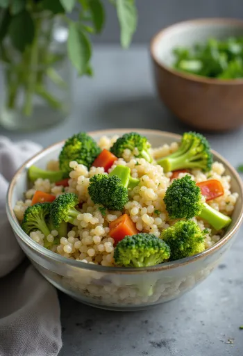 Ensalada de quinoa con brócoli servida