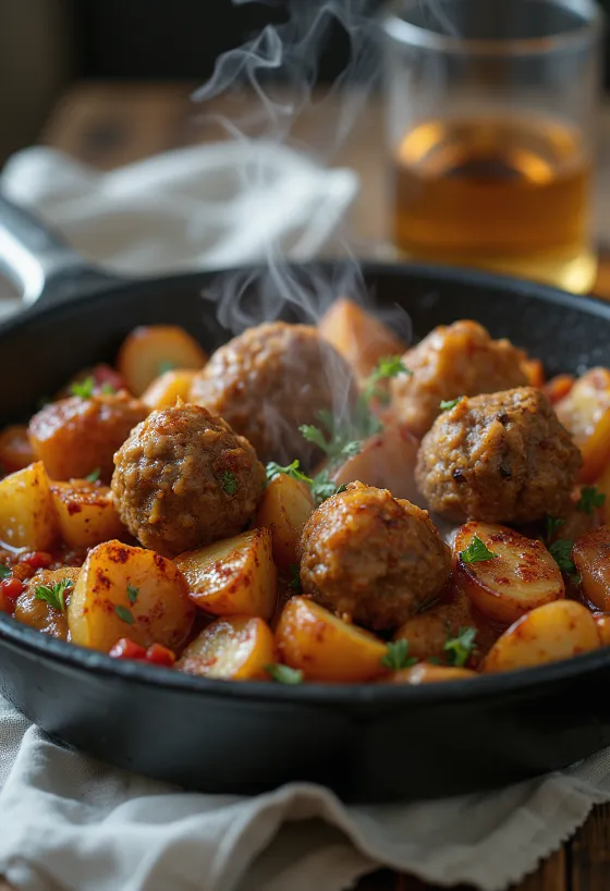Kofta con papas especiadas, albóndigas de res a la parrilla con perejil