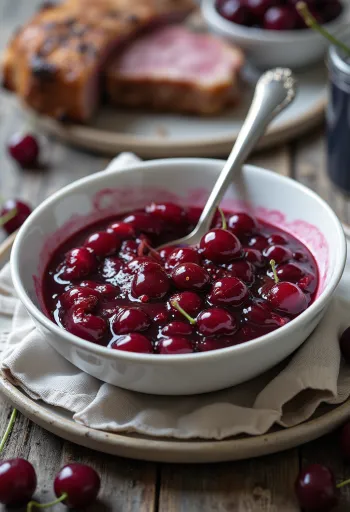 Salsa de cereza roja y brillante con especias en un tazón