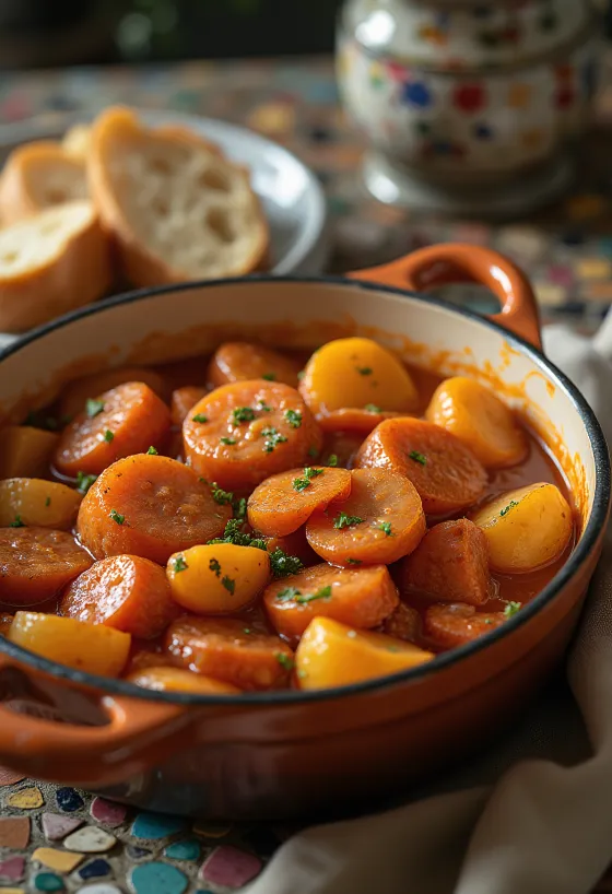 Papas a la húngara con trozos de papa jugosos, salchicha ahumada y espolvoreado con perejil fresco