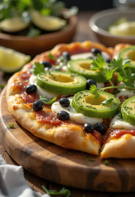 Pizza Mexicana con chile jalapeño, frijoles negros y aguacate
