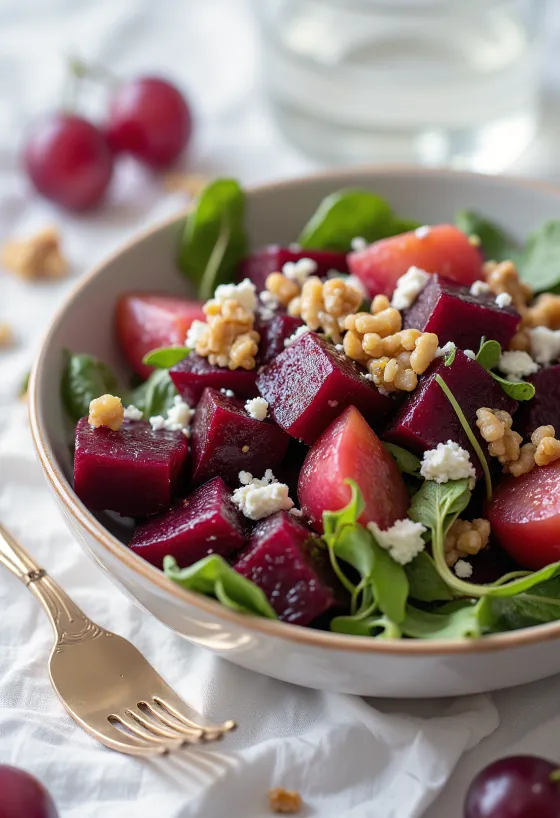 Ensalada prebiótica de betabel y uvas servida con queso feta y nueces tostadas