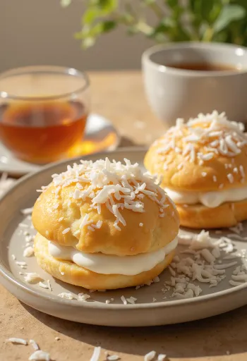 Semla con crema de coco, espolvoreado con azúcar glass, servido en un bollo dorado