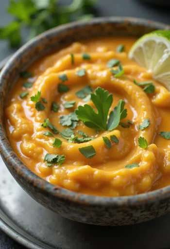 Salsa de curry thai con leche de coco servida