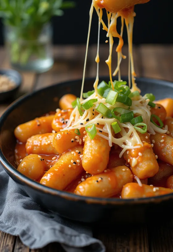 Tteokbokki con queso, pastel de arroz coreano en salsa de queso