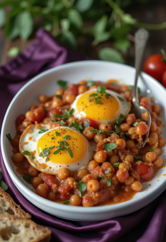 Cazuela de berenjena con garbanzos vegana servida