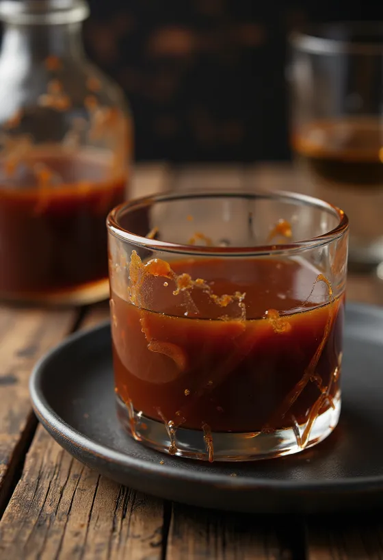 Salsa barbecue con whiskey bourbon en un tazón, con especias frescas y carnes a la parrilla de fondo.
