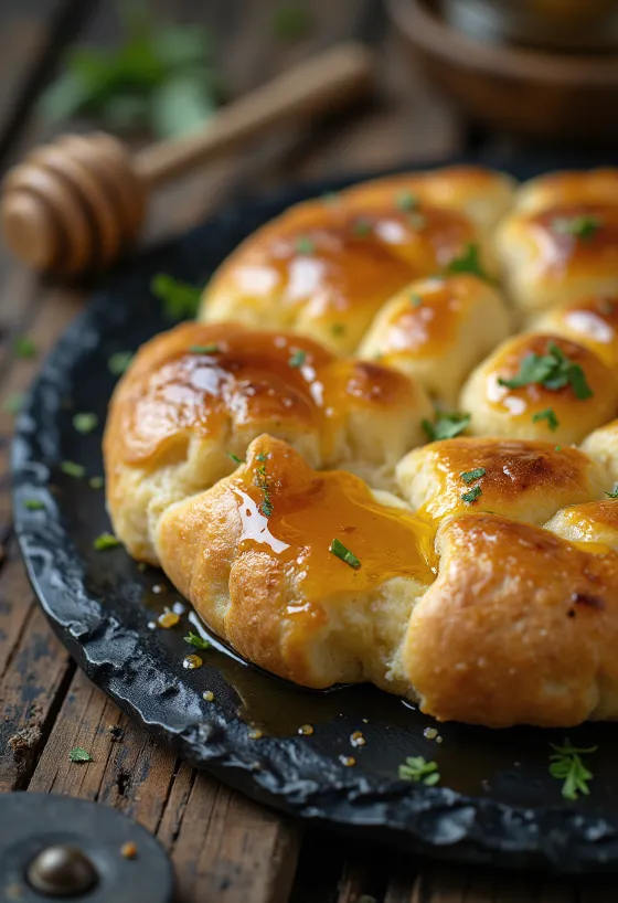 Focaccia con queso Camembert y miel servida