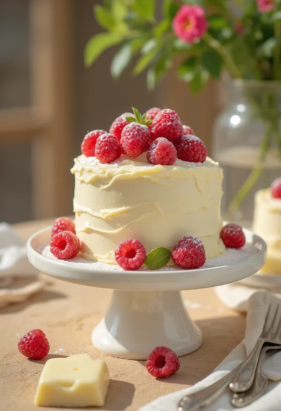 Pastel de chocolate blanco servido