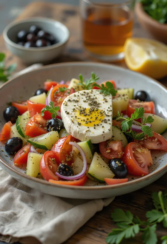 Ensalada griega fresca con queso feta y aceitunas