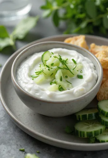 Salsa de yogur con pepino servida con verduras frescas