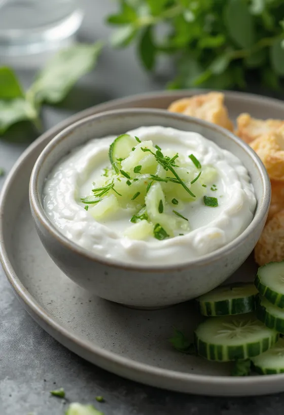 Salsa de yogur con pepino servida con verduras frescas