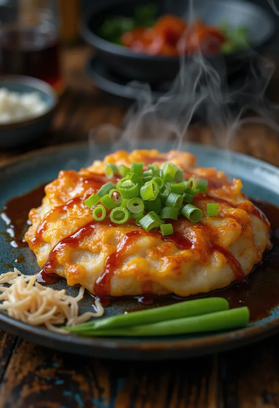 Okonomiyaki con aceite de chile servido con salsa okonomiyaki y hojuelas de bonito