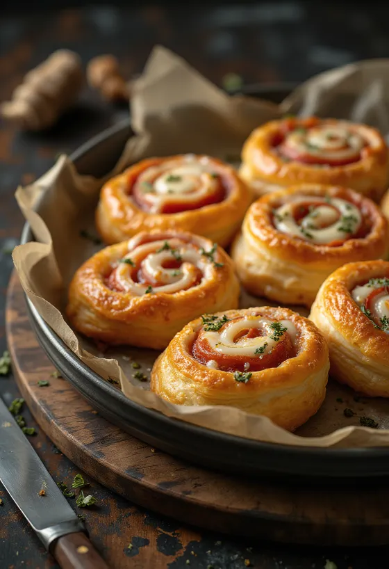 Rollitos de pizza recién horneados rellenos de queso derretido y salsa de tomate, servidos en un plato.