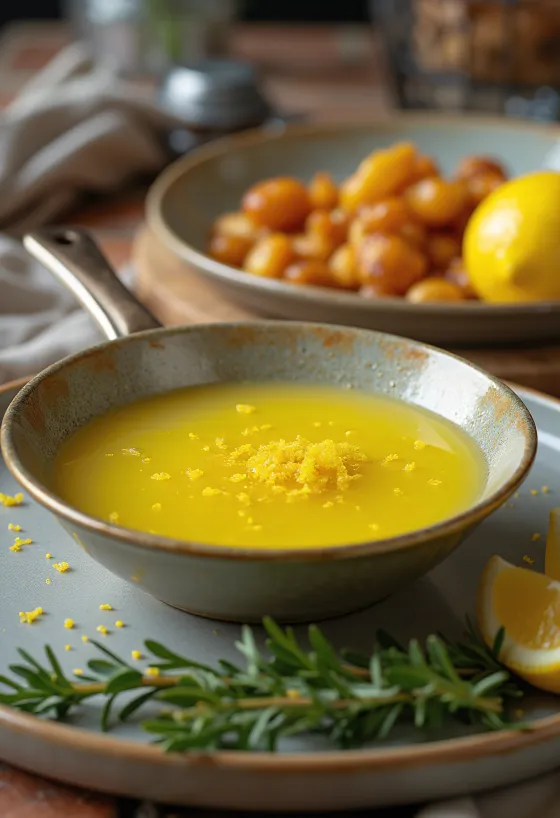 Salsa de mantequilla al limón y romero servida