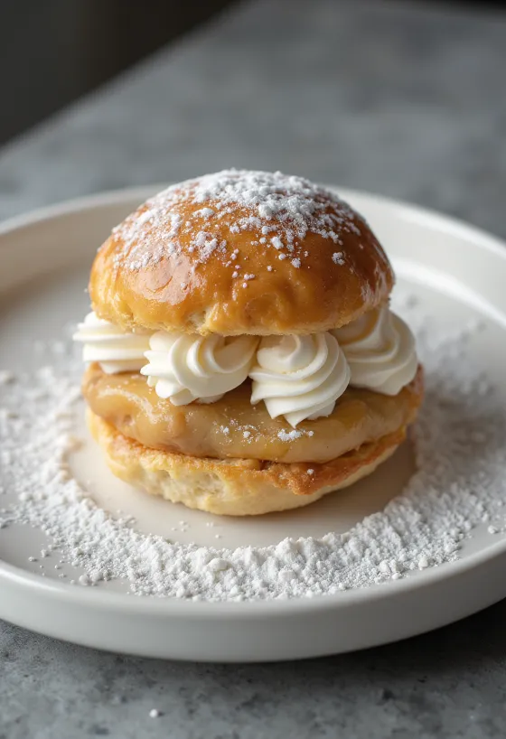 Semla versión con mazapán, pastel con crema espolvoreado con azúcar glass en presentación rústica