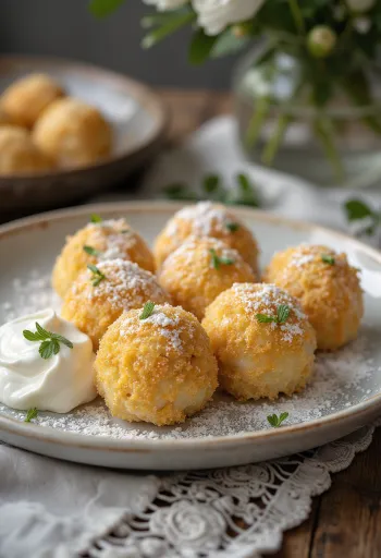Bolitas de requesón suaves cubiertas de pan molido con crema y azúcar