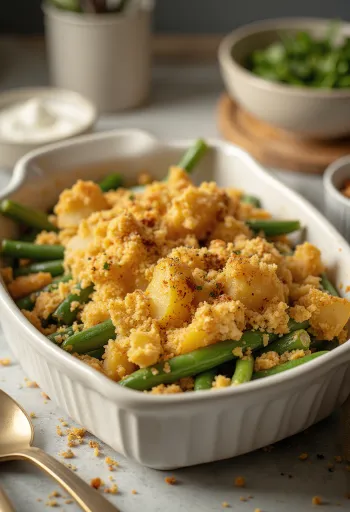 Pastel de ejotes vegano con papas servido