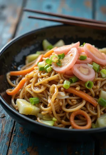 Yakisoba con verduras, fideos fritos servidos con vegetales coloridos