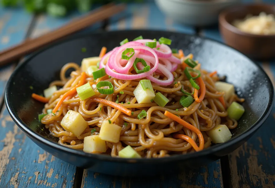 Yakisoba con verduras, fideos fritos servidos con vegetales coloridos