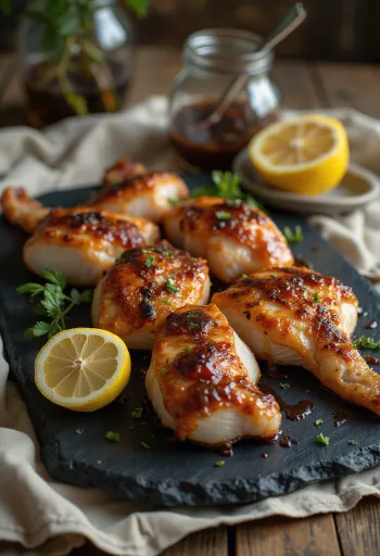 Víbora de cascabel a la BBQ servida en plato de madera con salsa barbecue.