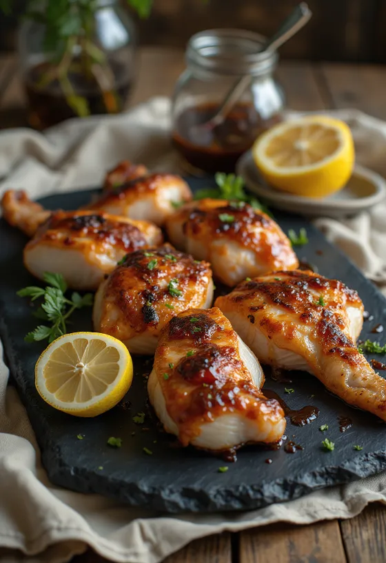 Víbora de cascabel a la BBQ servida en plato de madera con salsa barbecue.