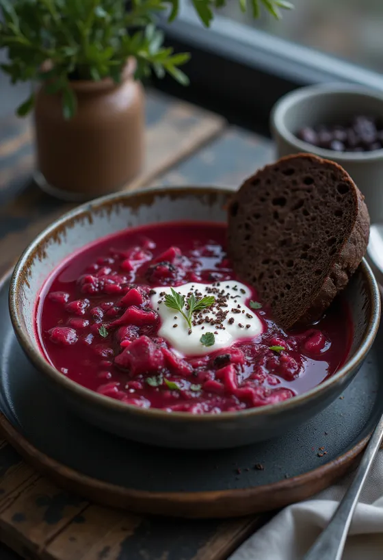 Tradicional sopa borsch con betabel y zanahoria servida con crema ácida