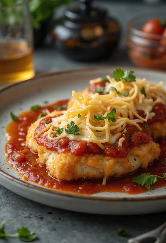 Pollo a la parmesana servido con pasta y albahaca fresca