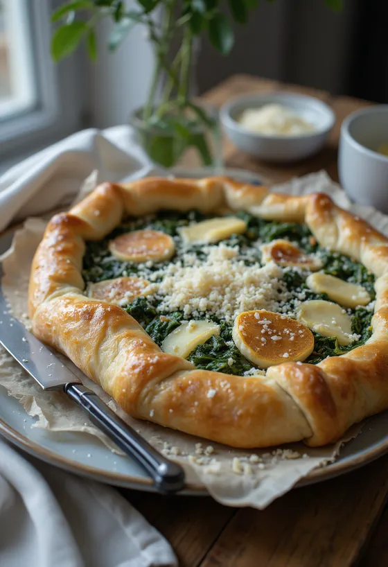 Crostata salada de espinacas y requesón, masa fresca y relleno verde