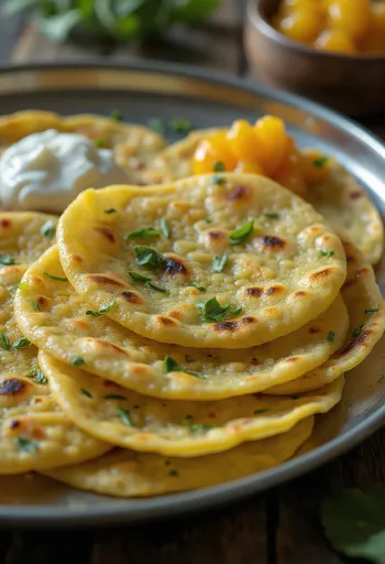 Thepla de hojas de moringa servido con verduras frescas y yogur