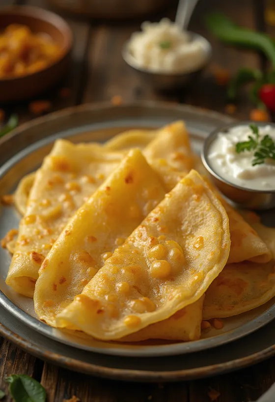 Dosa de Ghee recién hecha, asada crujiente, servida con relleno especiado